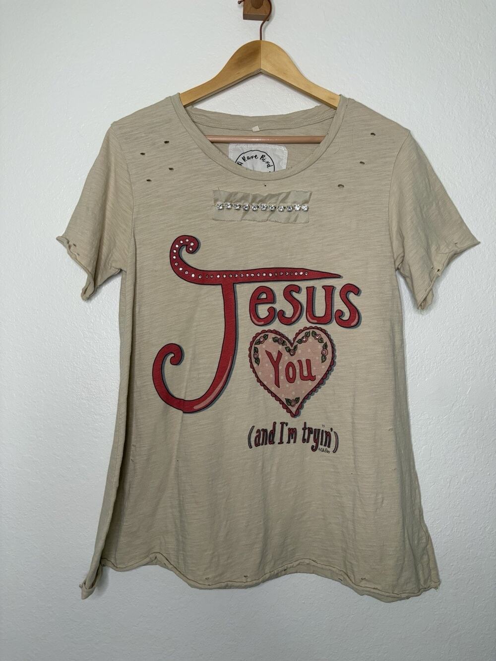 A Rare Bird Jesus Loves You Tan Distressed Tunic Size Small Shabby Chic Whimsy